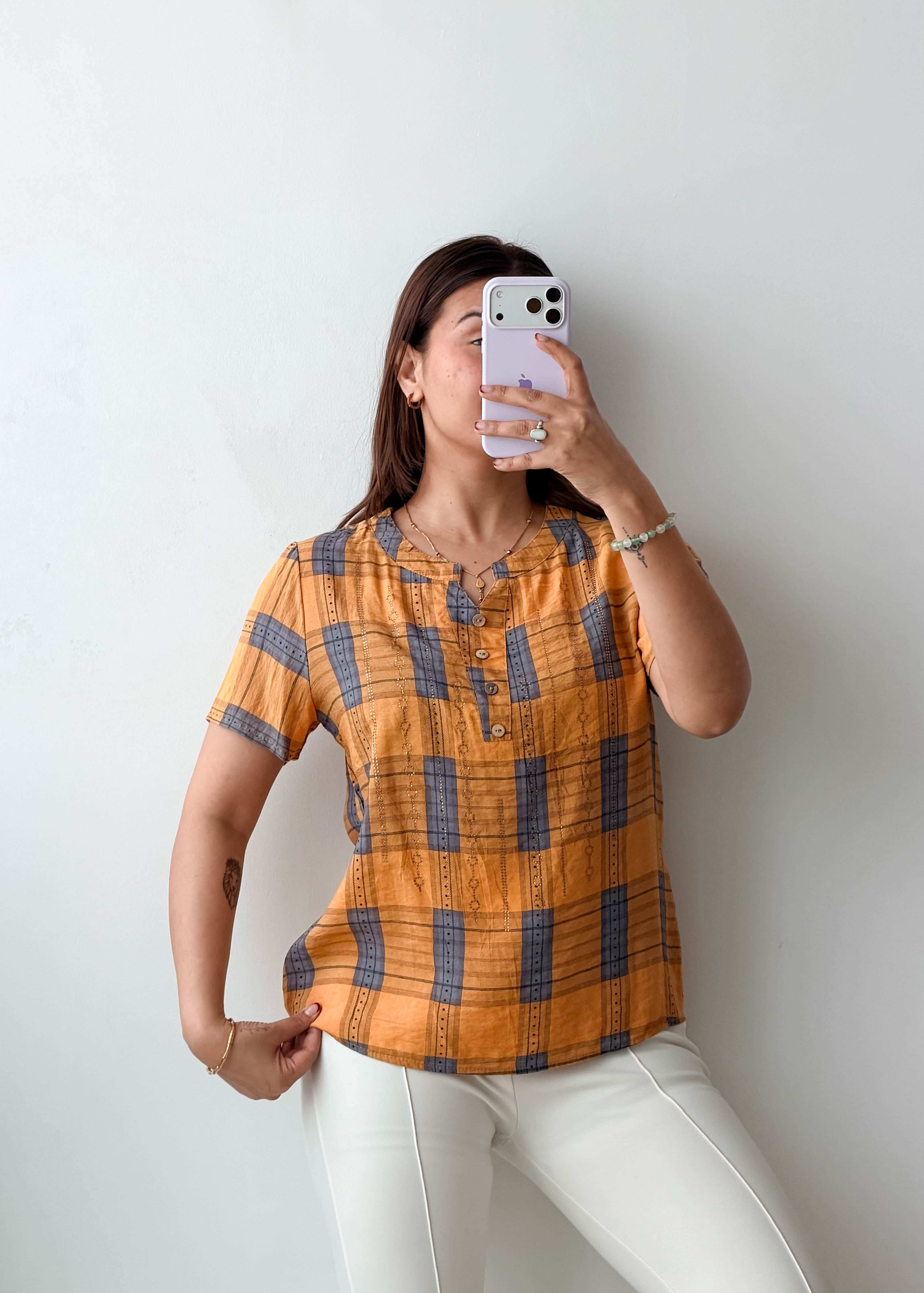 XS-S Mustard Grey Check Cotton Top