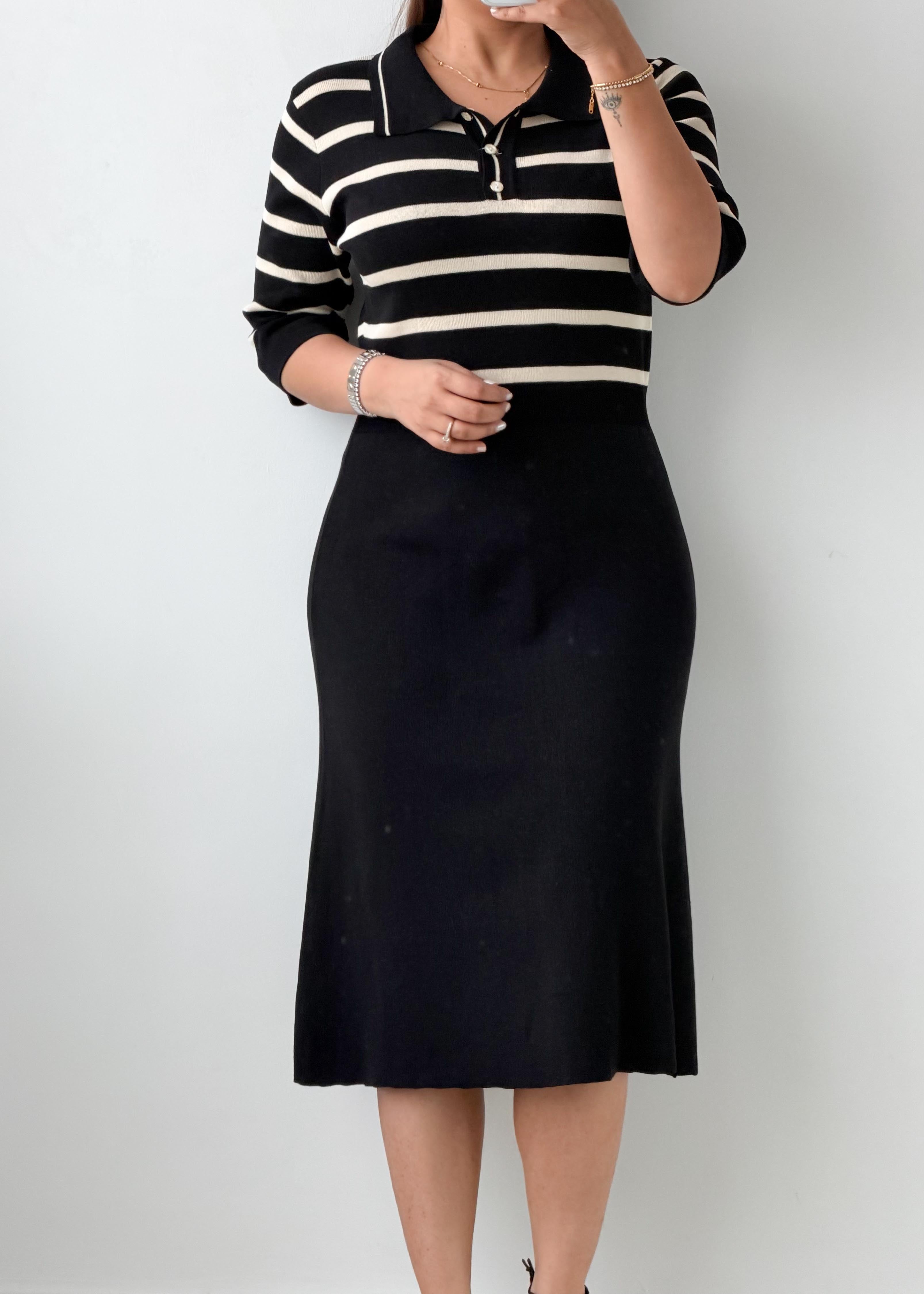 Size M-L Black & White Striped Bodycon Midi Dress