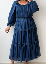 Size XS-S Navy Tiered Chiffon Midi Dress
