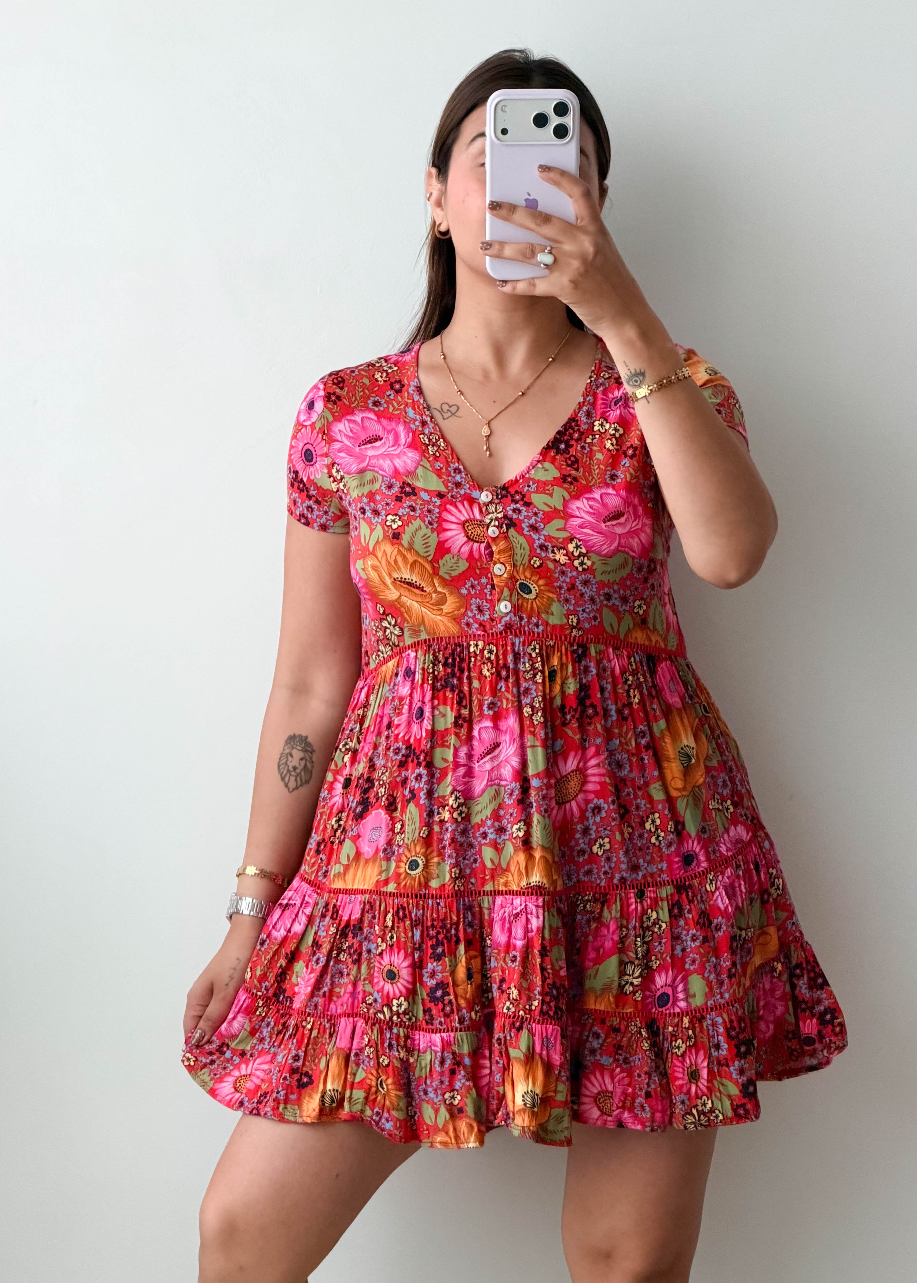 Size XS-S Pink Floral Tiered Mini Dress