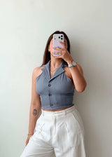 Size S Grey Halter Collar Crop Top