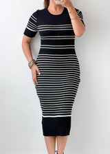 Size M-L Black Striped Ribbed Midi Dress