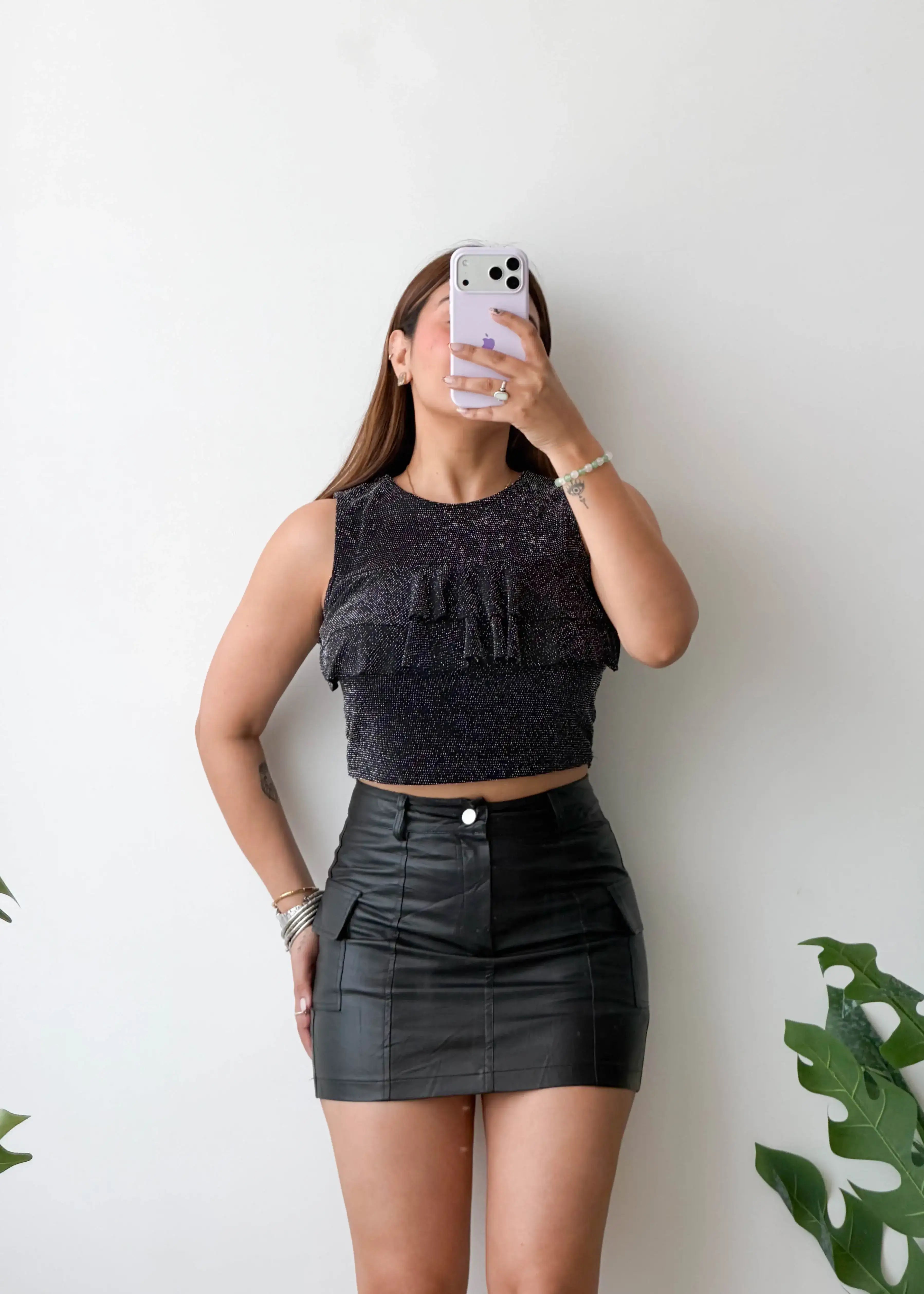 Size S-M, Black Shimmer Crop Top