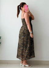 Size XS-S Black & Gold Printed Smocked Maxi Dress