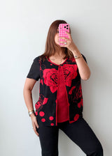 Size S-M Black Red Rose Print Layered Top