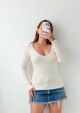 Size S-M White Ribbed Long Sleeve Top