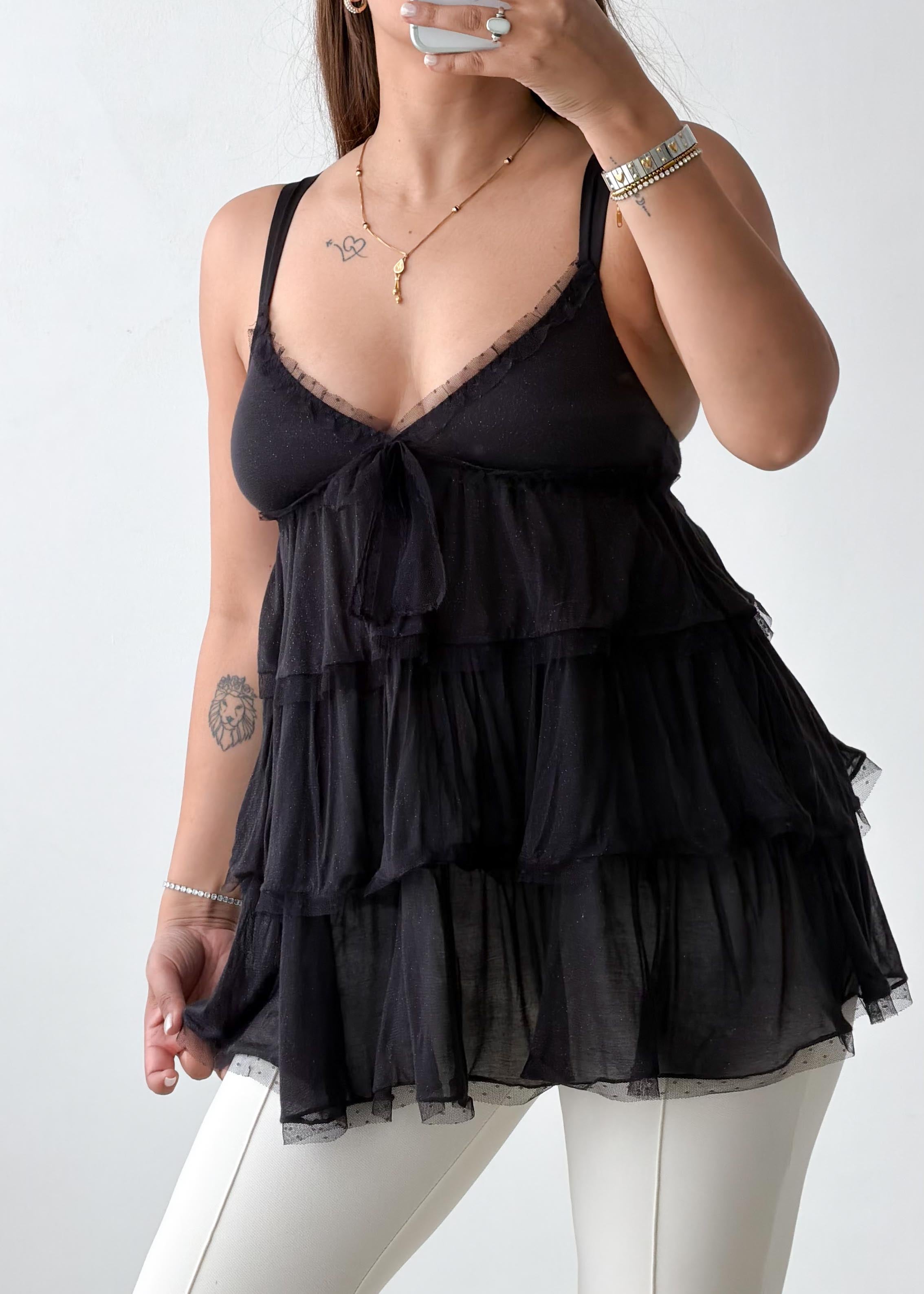 Size XS-S Black Tiered Chiffon Cami Top