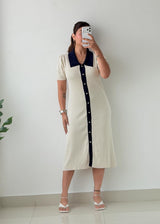 Size S-M & M-L Cream Contrast Collar Knit Midi Dress