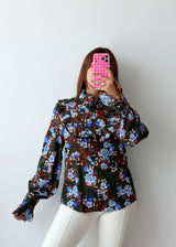 Size S-M Black Blue Floral Ruffle Blouse