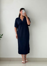 Size M-L Navy Blue Ribbed Polo Maxi Dress