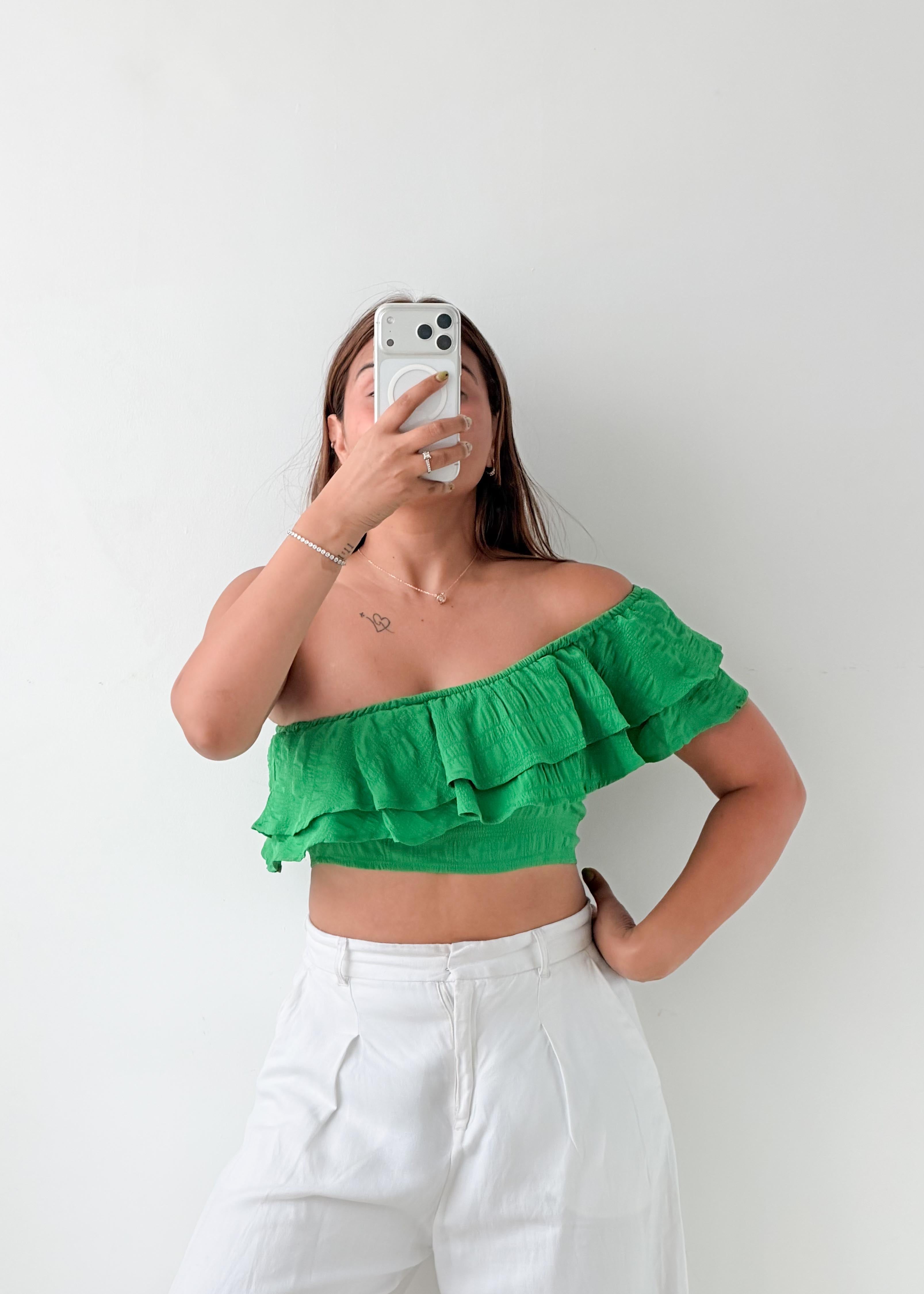 Size S Green Off-Shoulder Ruffle Crop Top