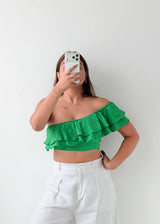 Size S Green Off-Shoulder Ruffle Crop Top