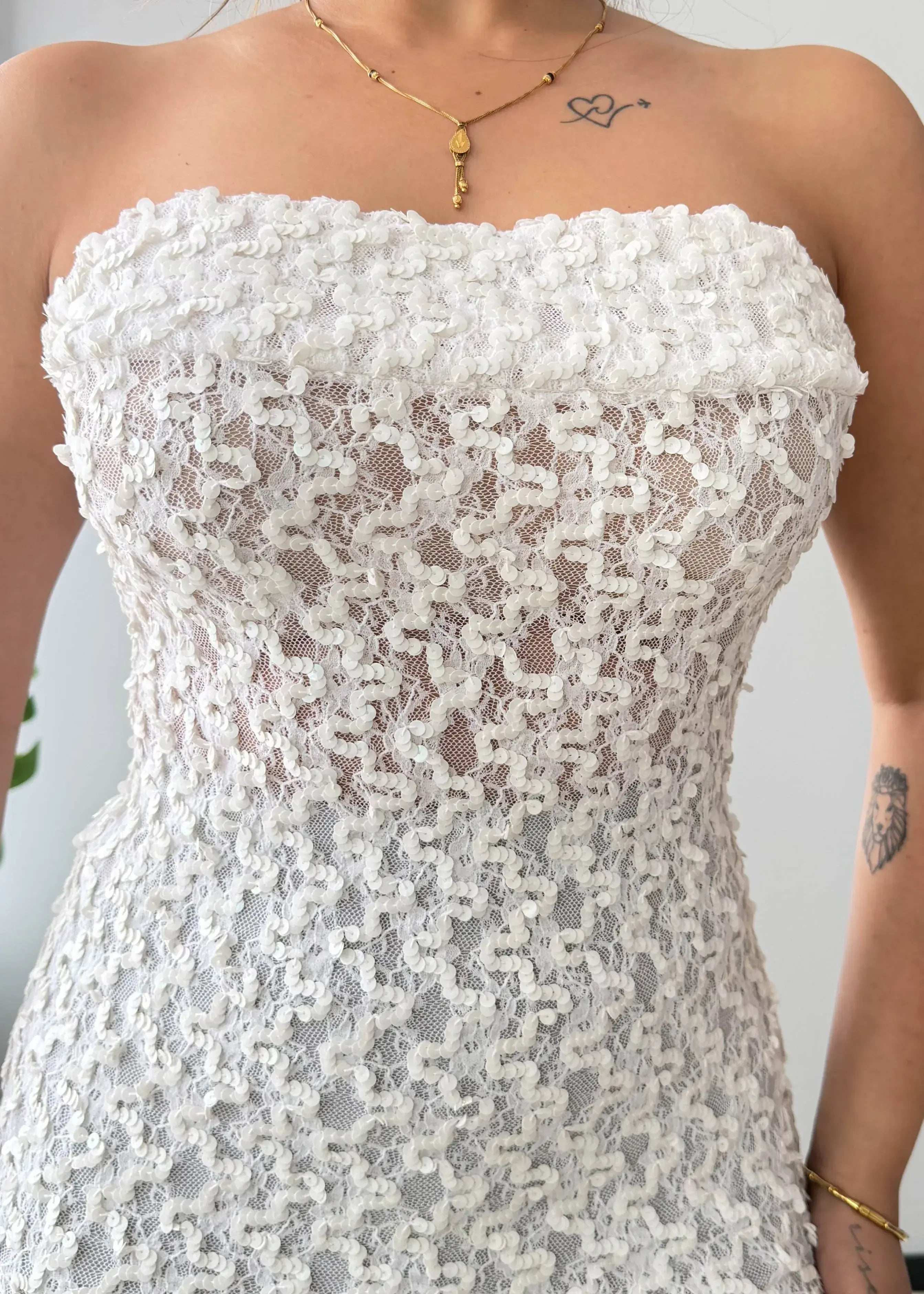 Size M-L, White Strapless Lace Maxi Dress - Closet by Payal
