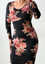 Size S-M Black Floral Ruched Midi Dress