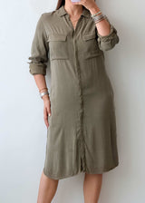 Size XS-S Olive Green Soft Cotton Utility Shirt Dress