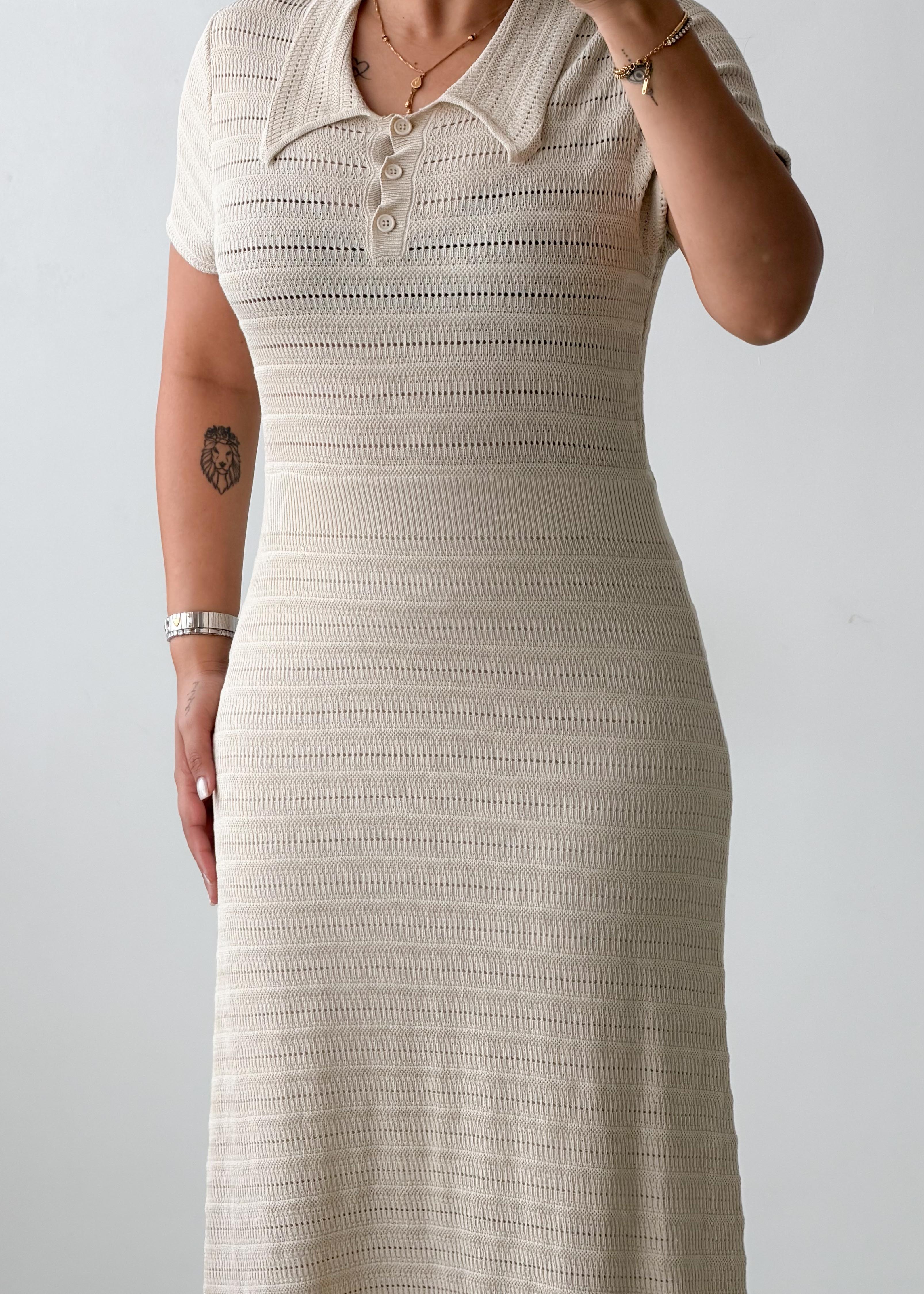 Size S-M Ivory Crochet Polo Midi Dress