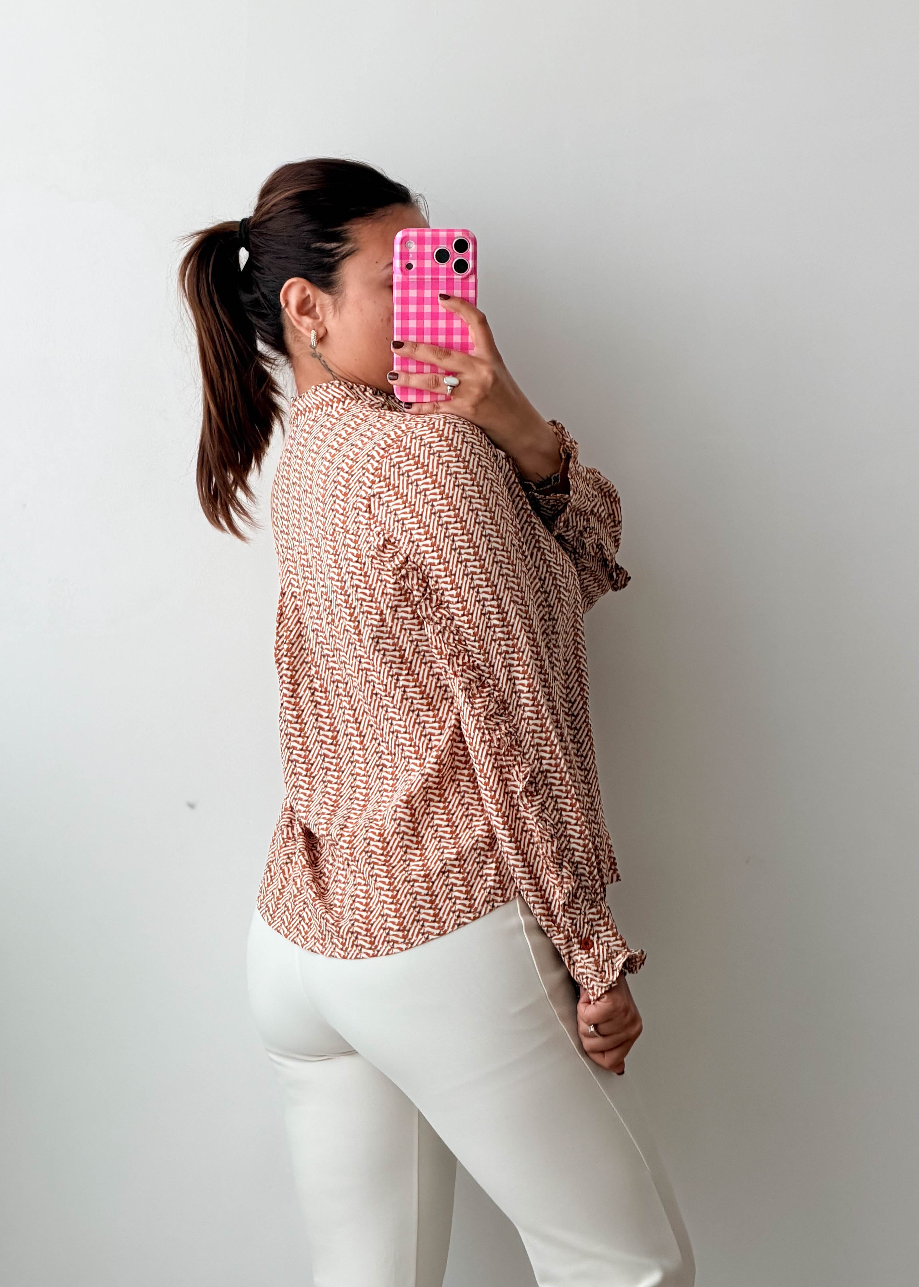 Size XS-S Beige Geometric Tie-Neck Chiffon Blouse