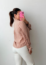 Size XS-S Beige Geometric Tie-Neck Chiffon Blouse