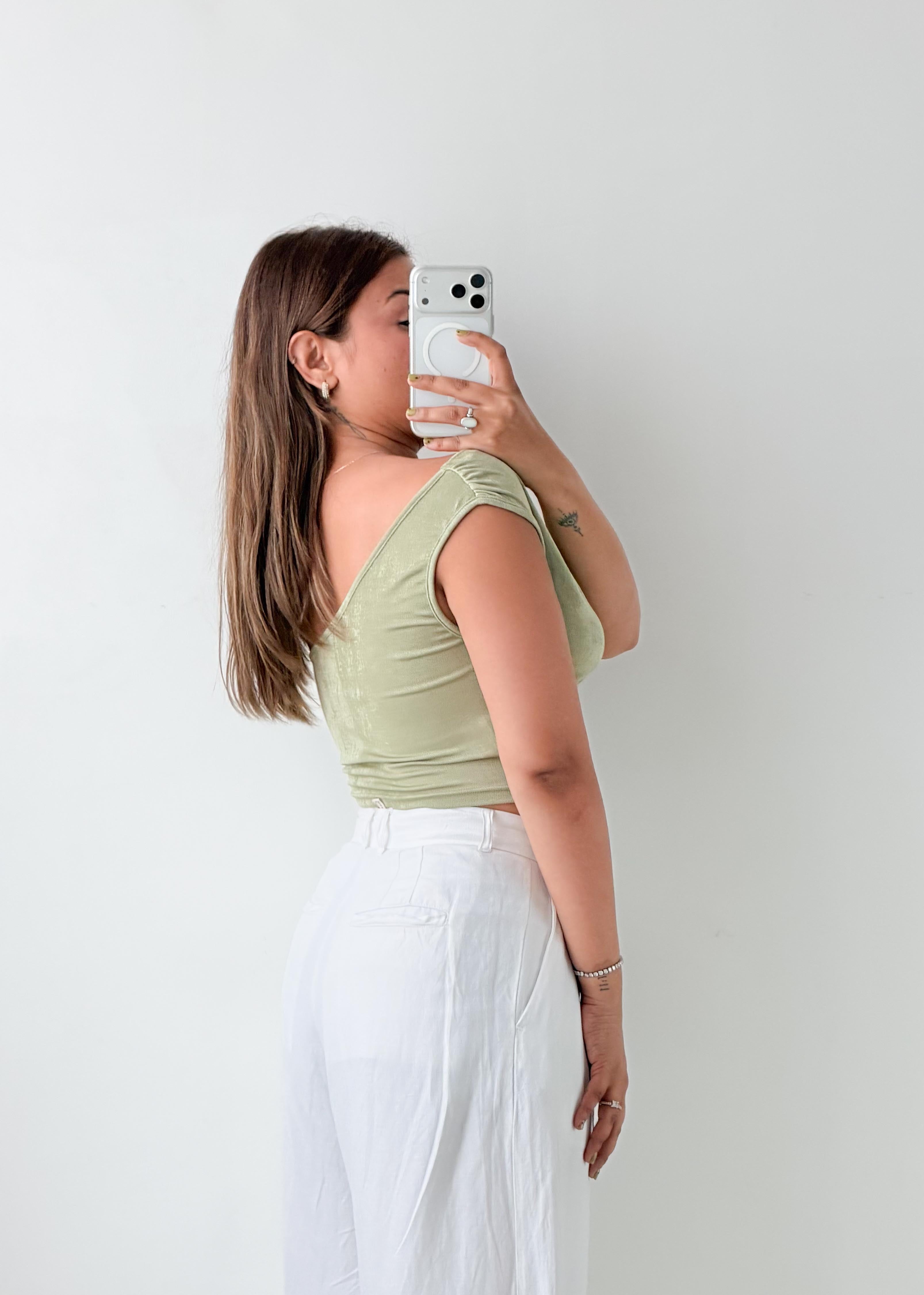 Size S-M Sage Green Off-Shoulder Crop Top
