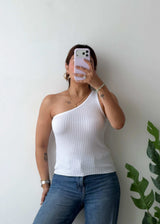 Size XS-S, White One-Shoulder Ribbed Top
