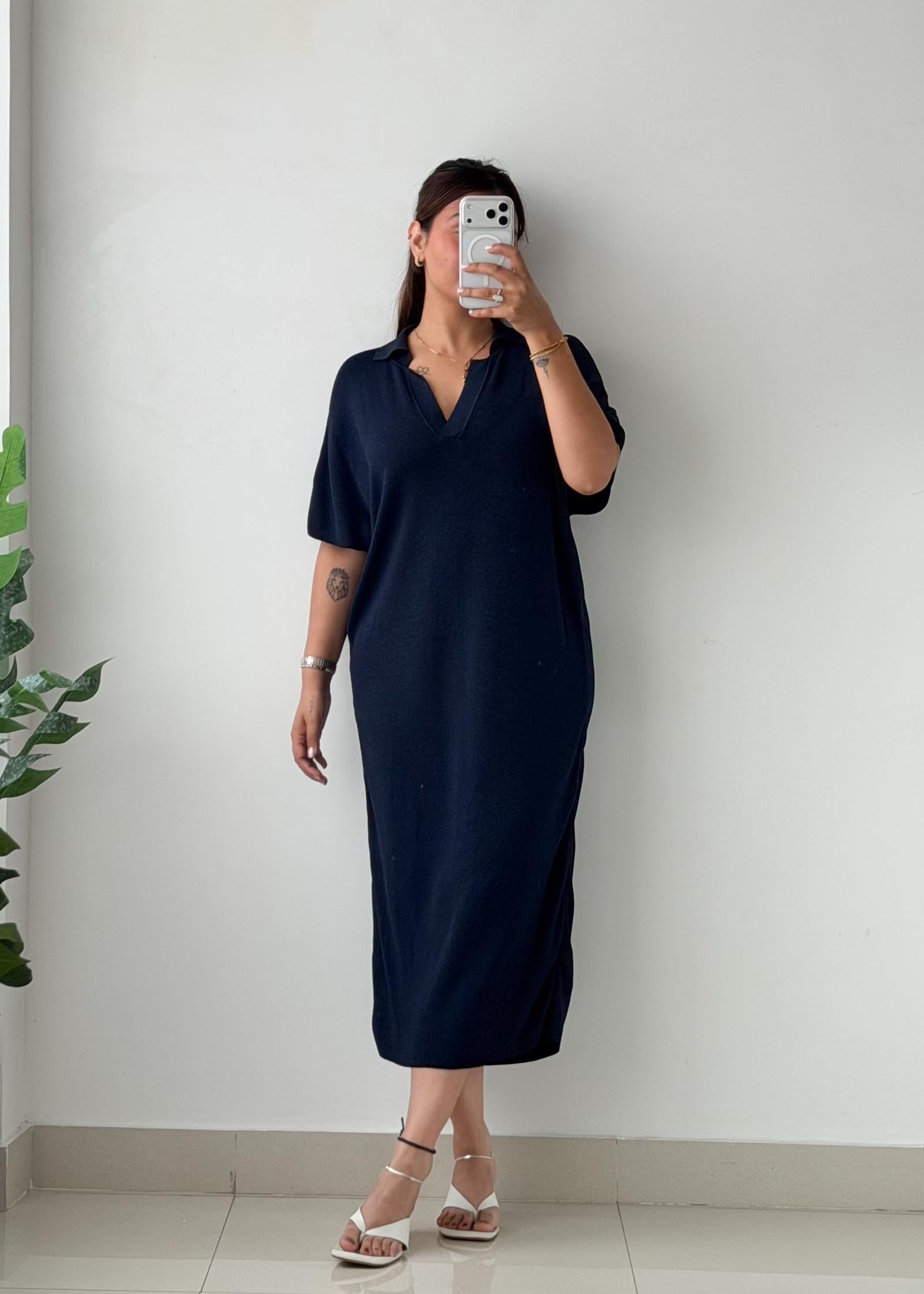 Size M-L Navy Blue Ribbed Polo Maxi Dress
