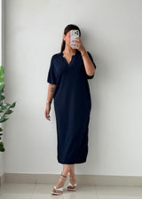 Size M-L Navy Blue Ribbed Polo Maxi Dress
