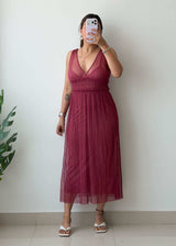 S-M Wine Red Mesh Midi Dress