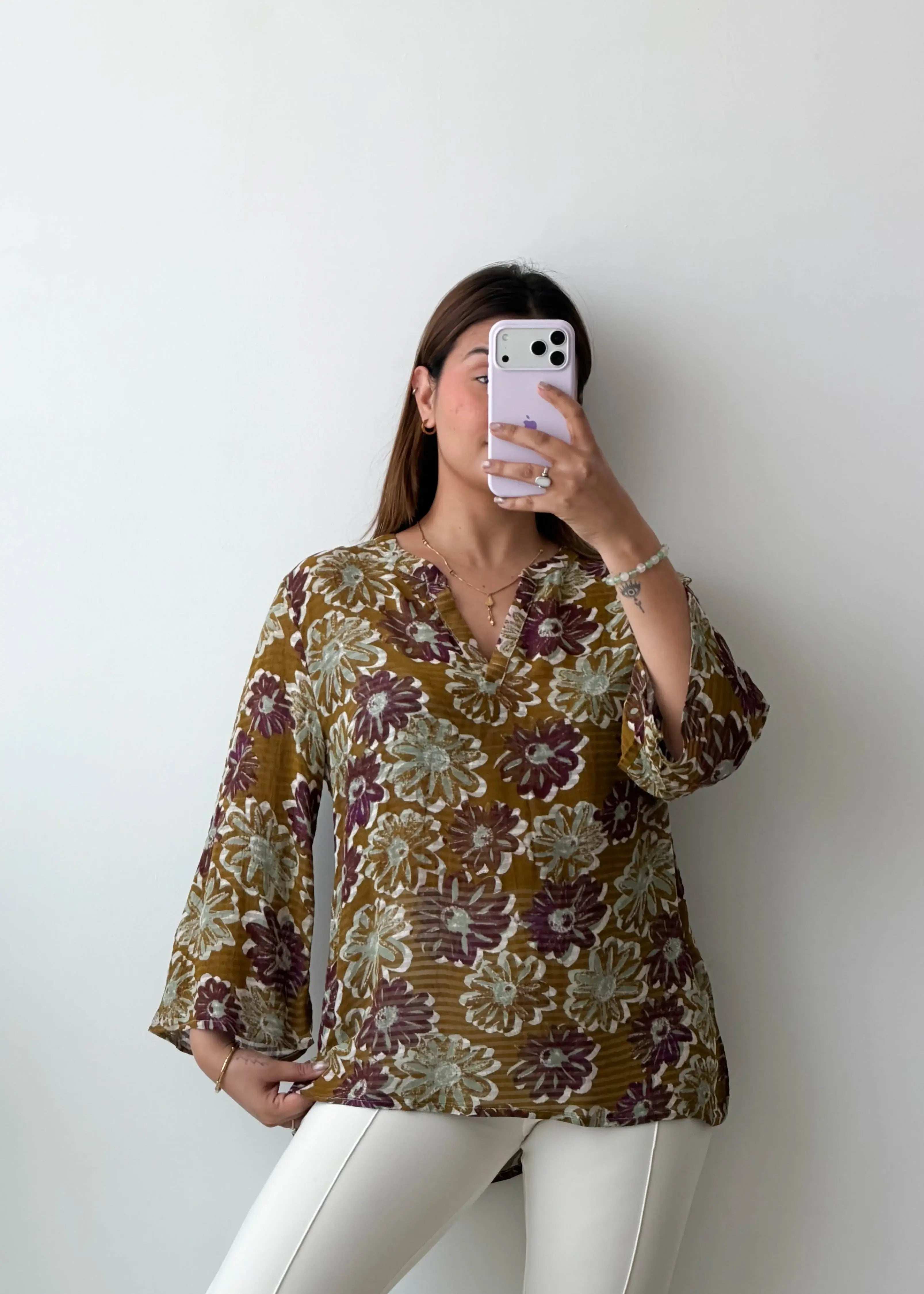 Size S-M / L-XL Brown Floral Relaxed Top