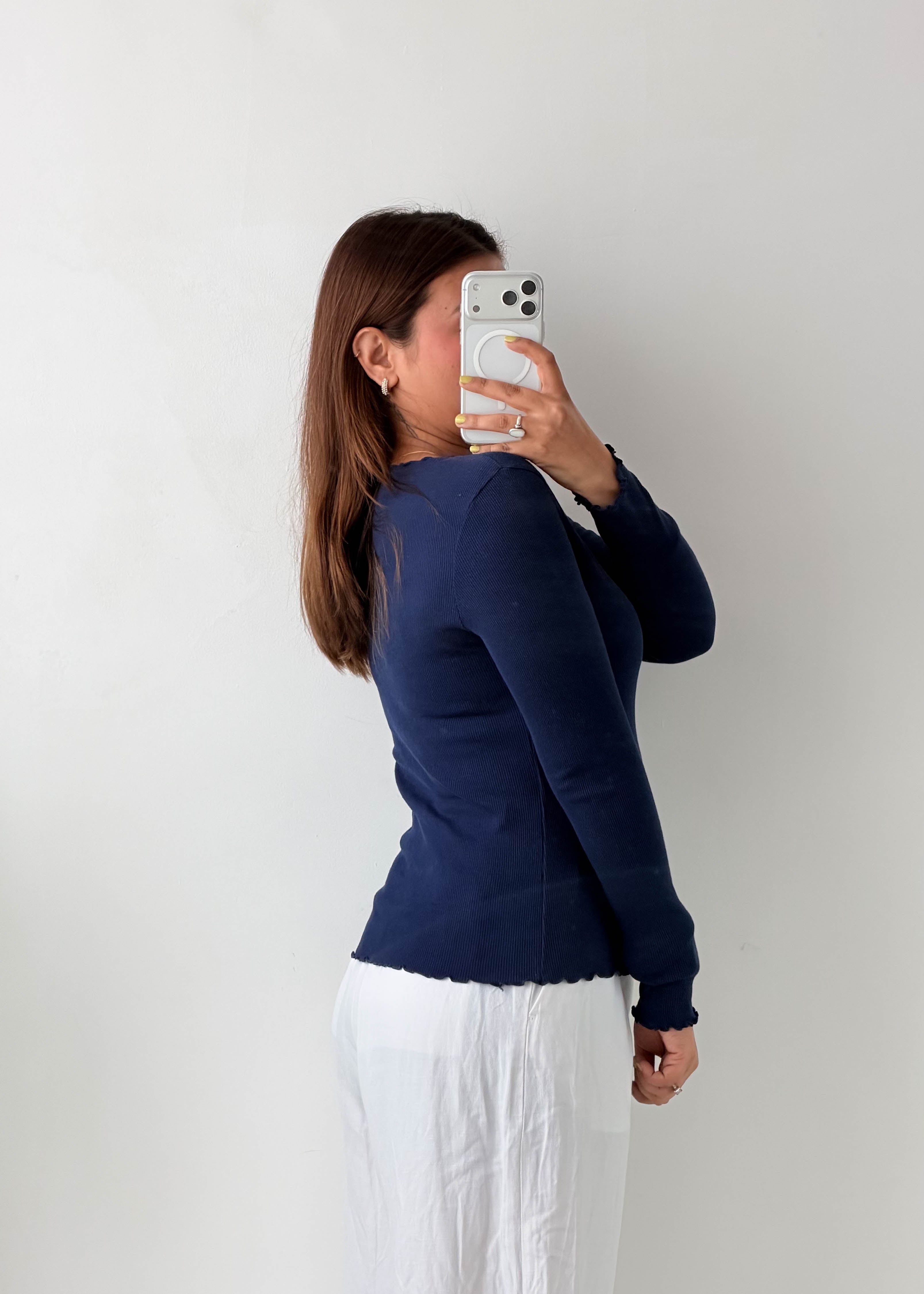 Size M-L Navy Scallop Edge Long Sleeve Top