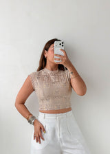 Size S-M Beige Lace High Neck Crop Top