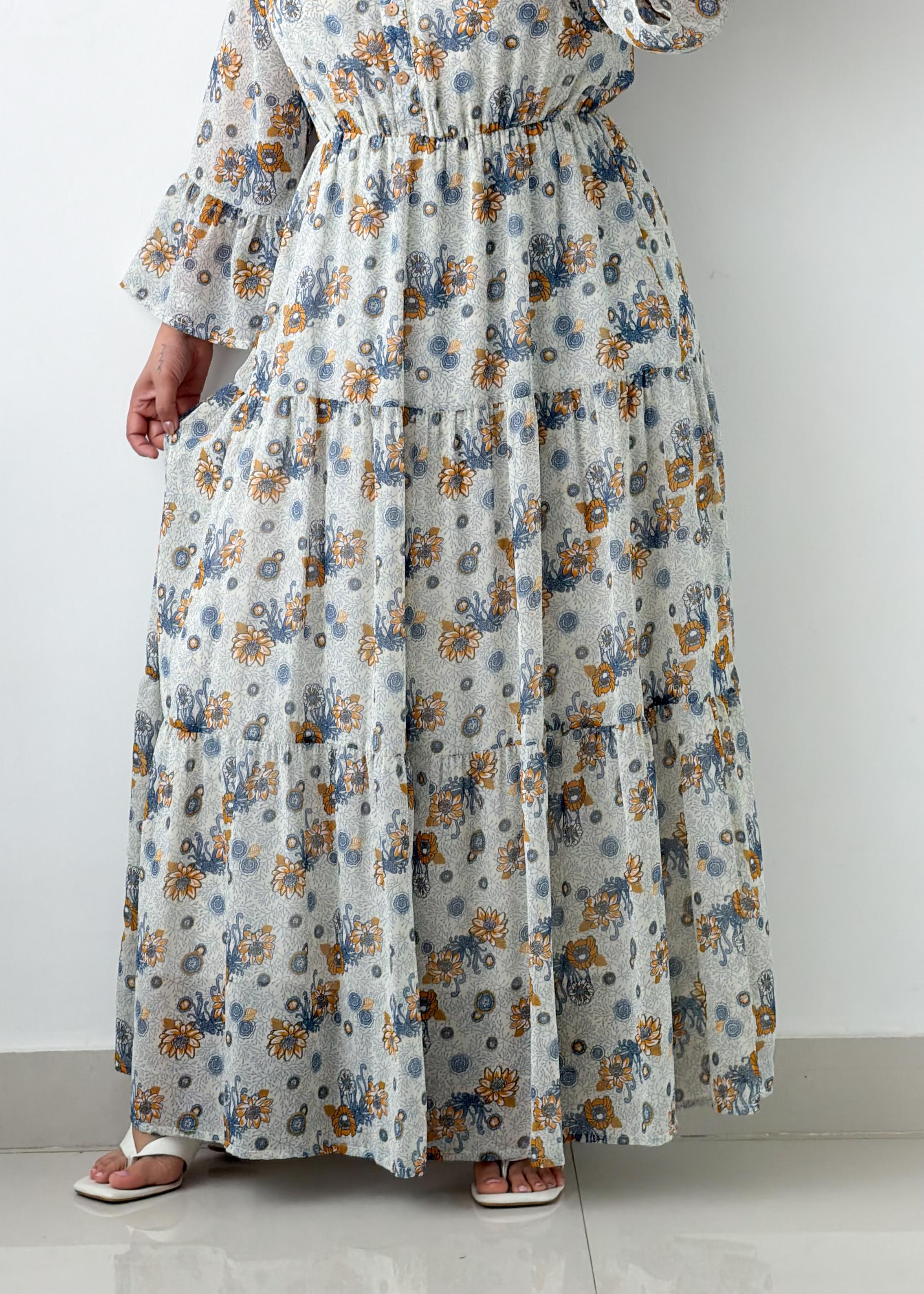 Size M-L Ivory Floral Tiered Maxi Dress