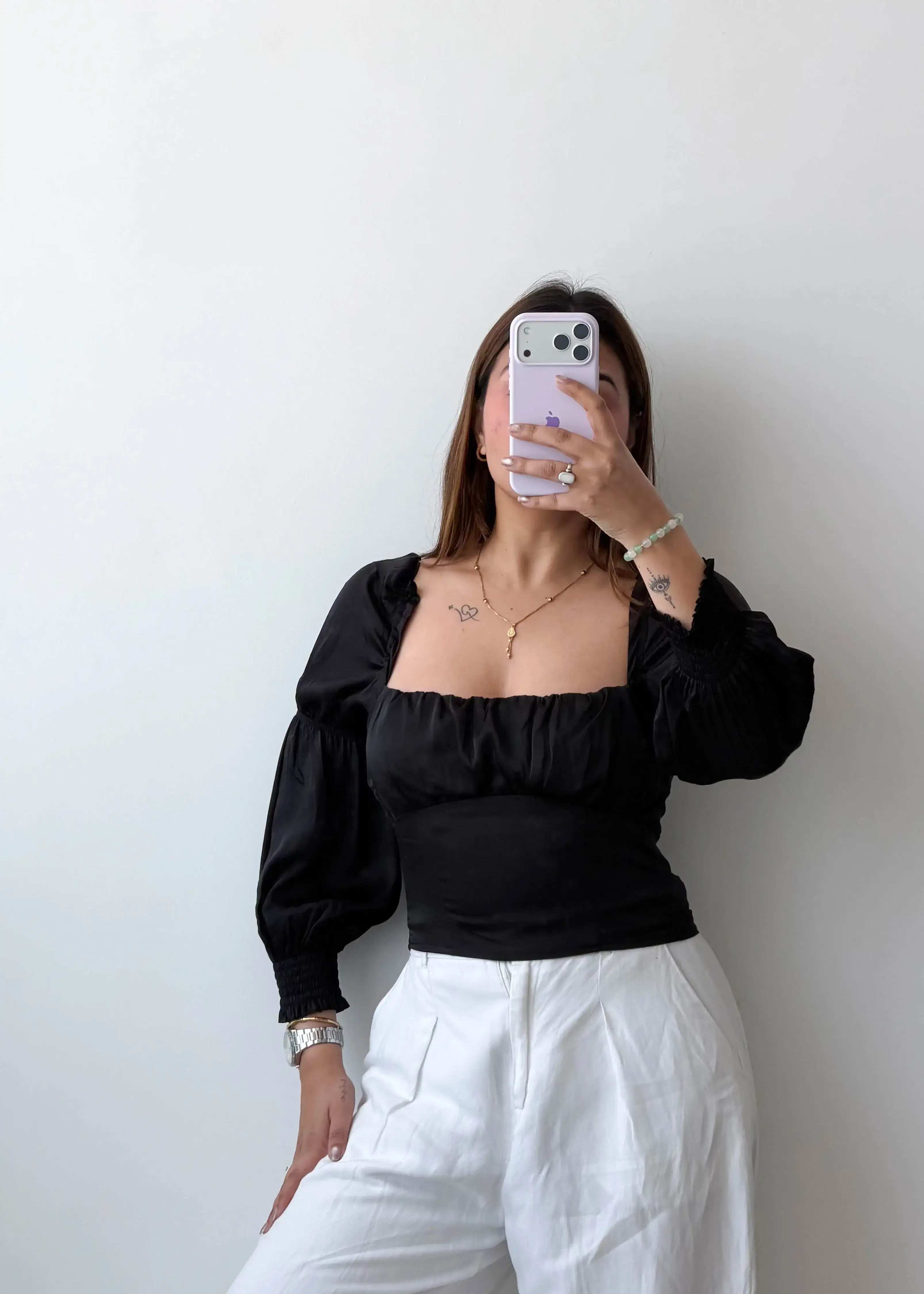 Size S Black Square Neck Puff Sleeve Top