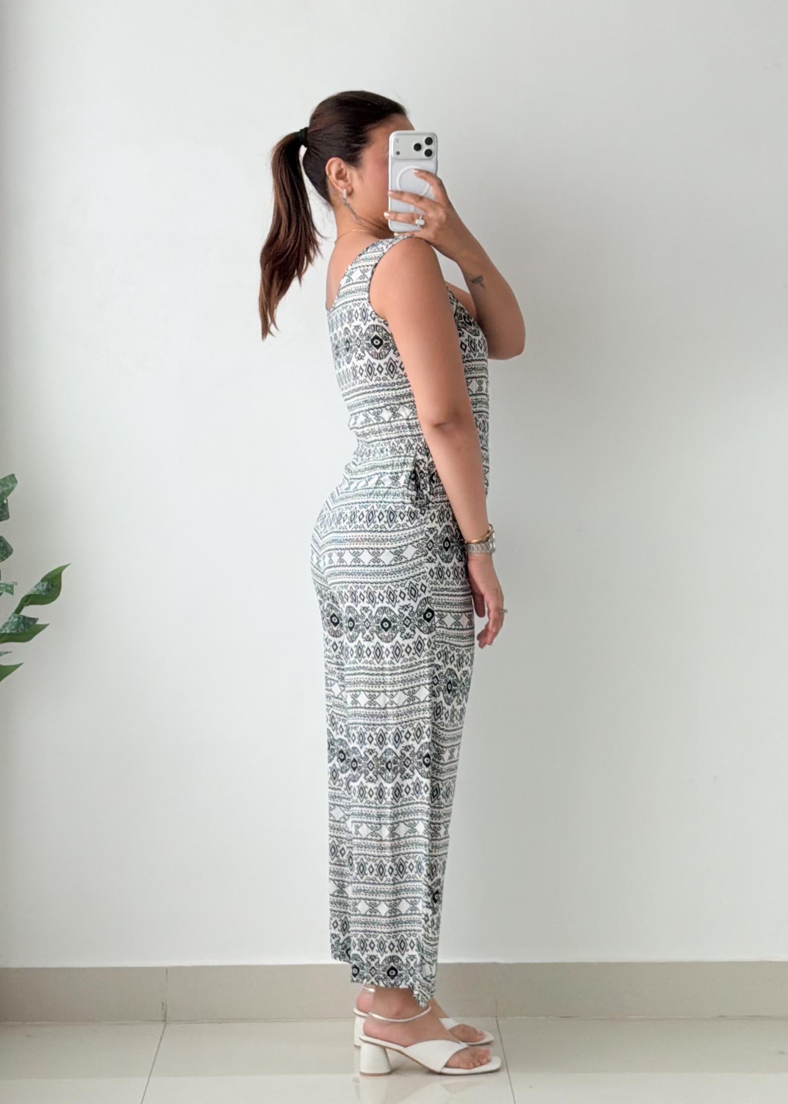 Size XS-S Black & White Tribal Print Wide-Leg Jumpsuit