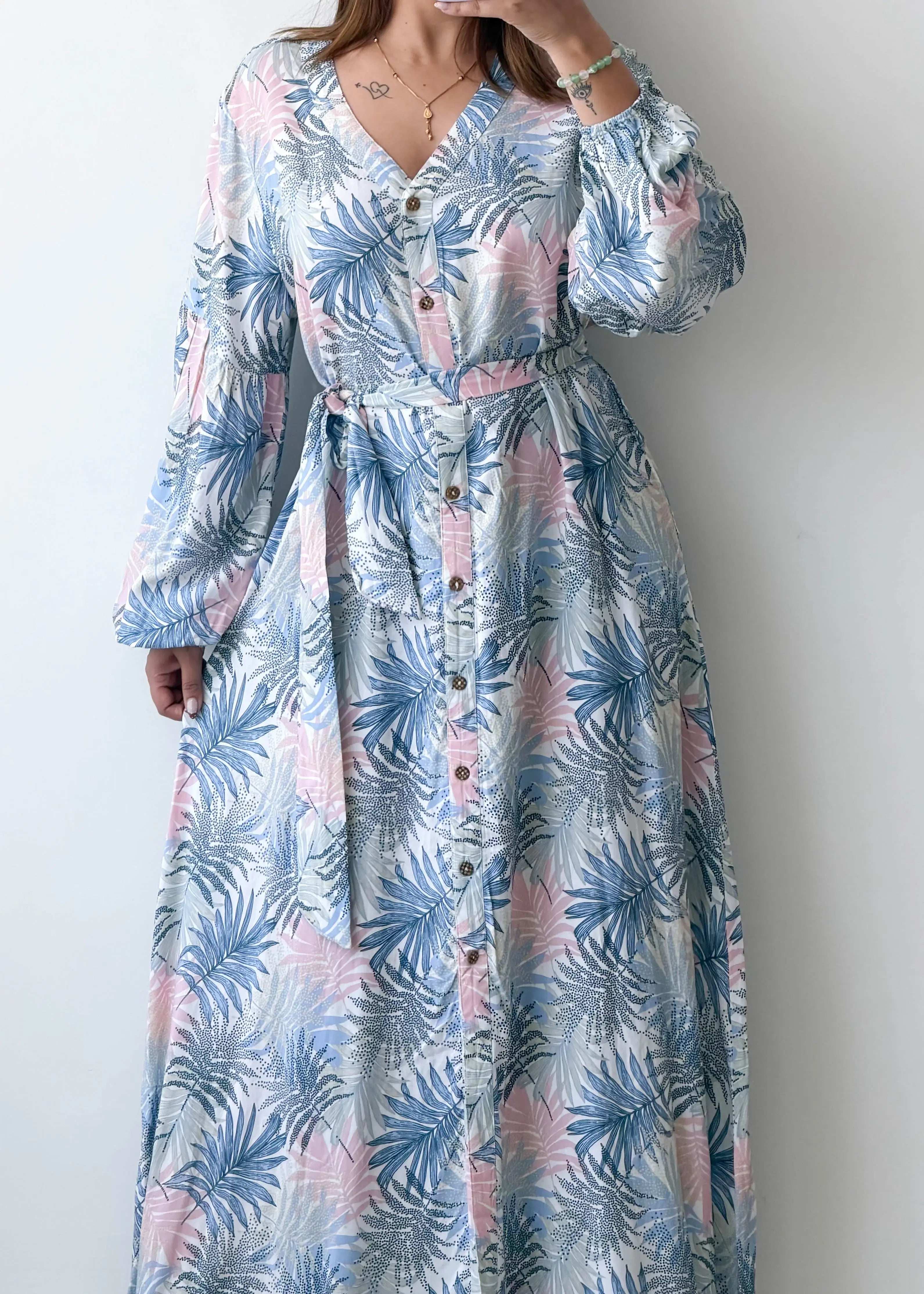 Size L-XL, Blue Tropical Shirt Maxi Dress