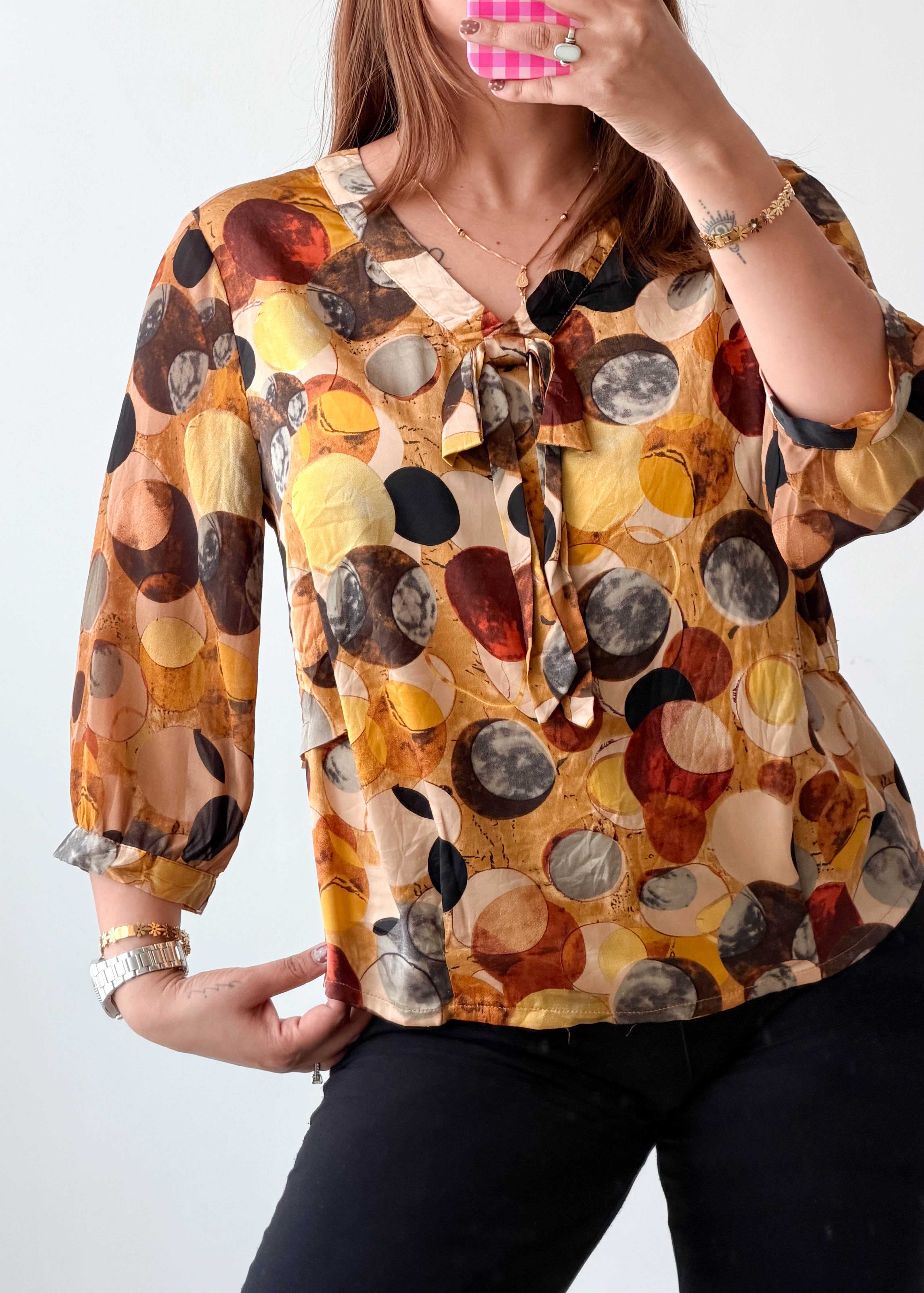 Size S-M Brown Abstract Circle Tie-Neck Blouse