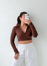 Size S-M Brown Collared Crop Top