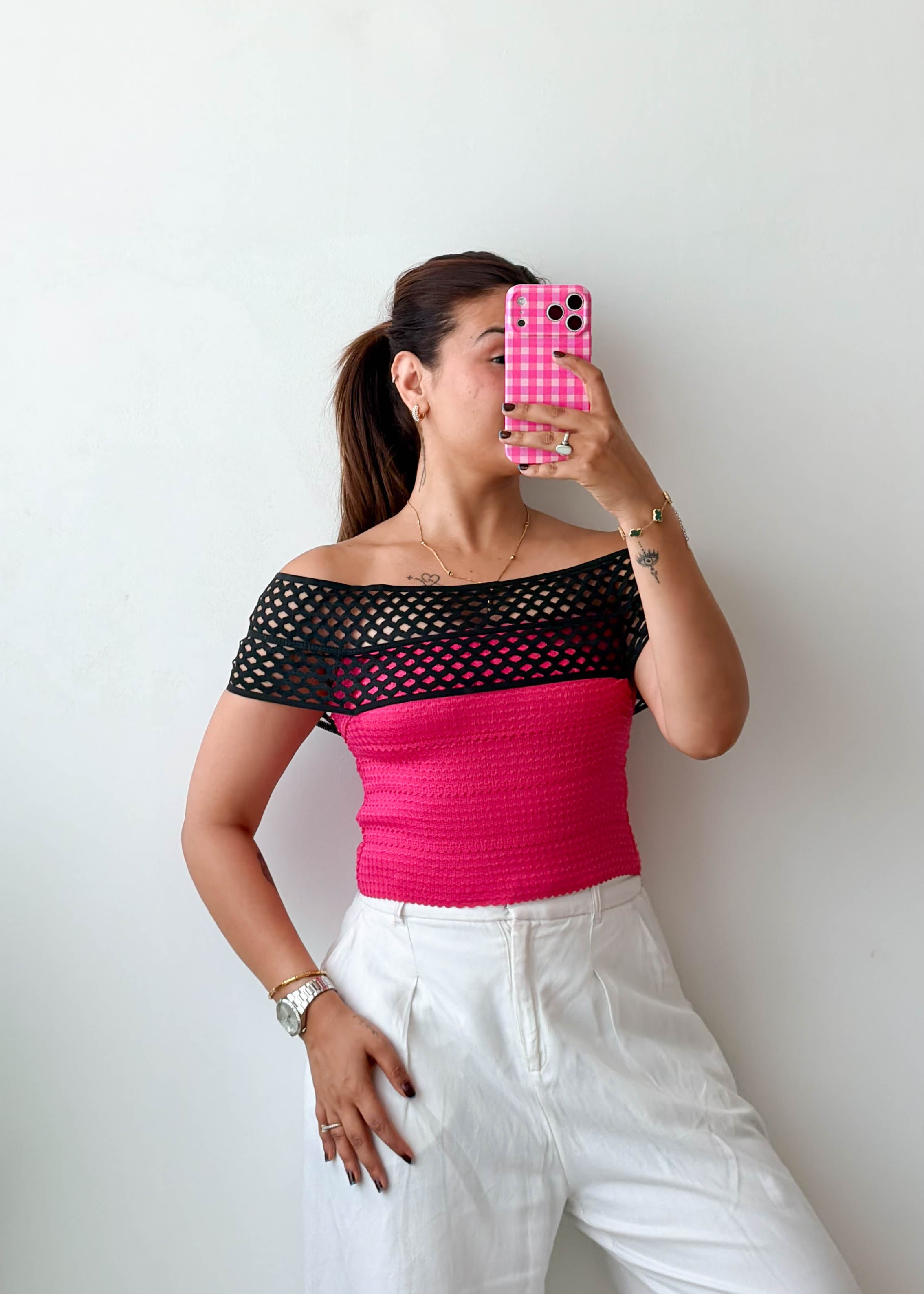 Size XS Black & Pink Mesh Off-Shoulder Top