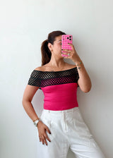 Size XS Black & Pink Mesh Off-Shoulder Top