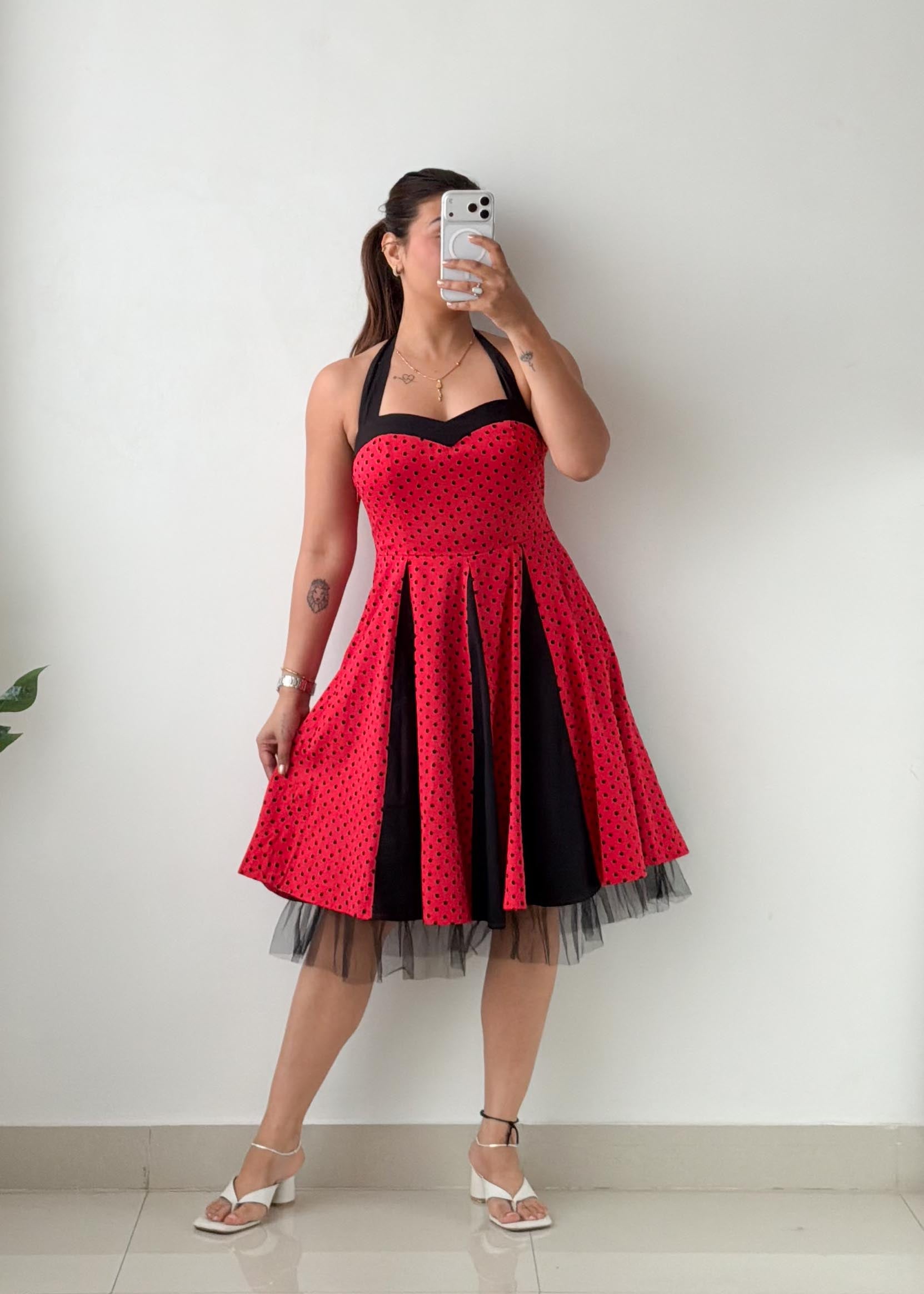 Size S-M Red & Black Polka Dot Fit & Flare Midi Dress