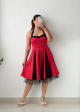 Size S-M Red & Black Polka Dot Fit & Flare Midi Dress