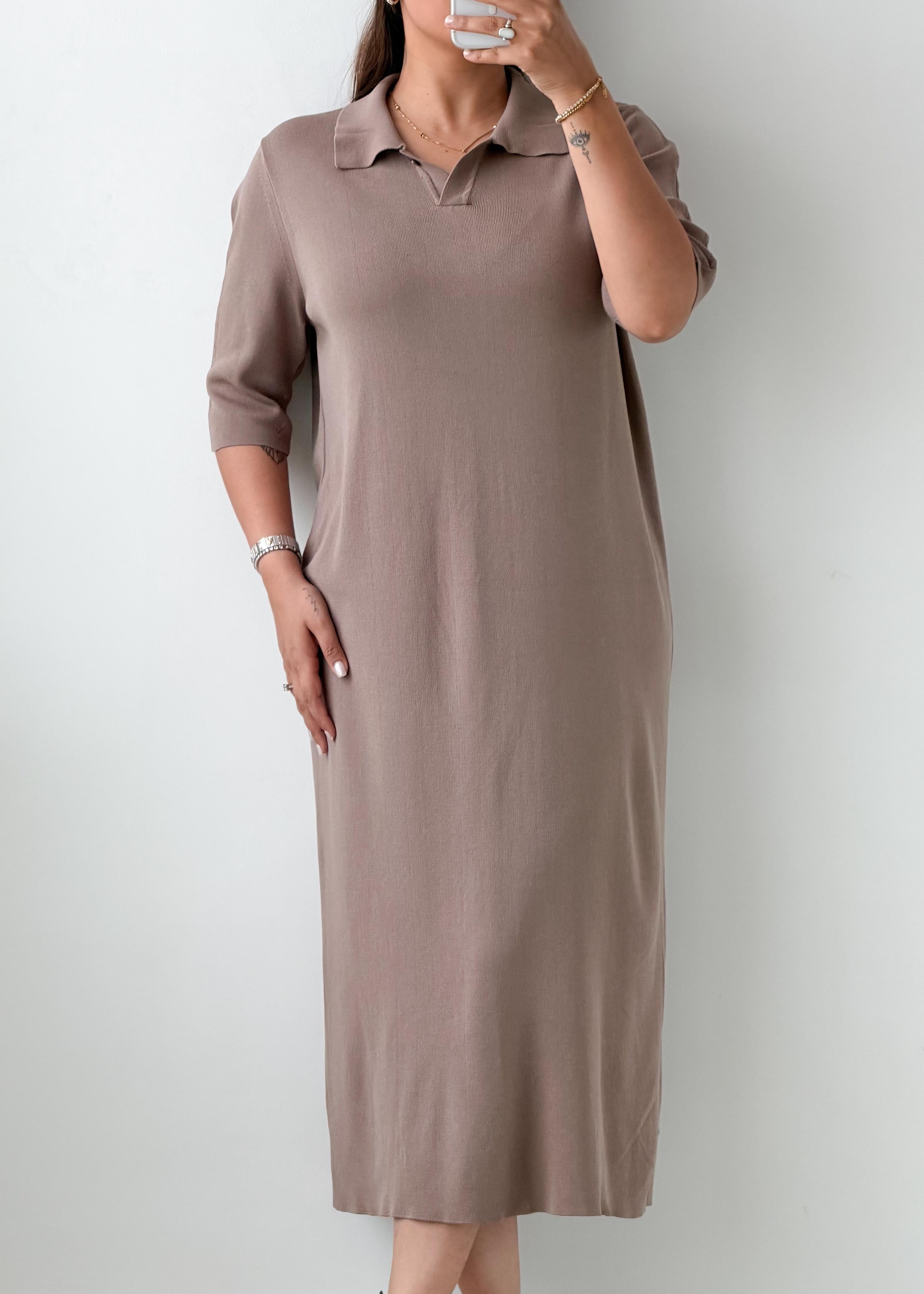 Size L-XL Taupe Ribbed Polo Maxi Dress