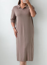 Size L-XL Taupe Ribbed Polo Maxi Dress