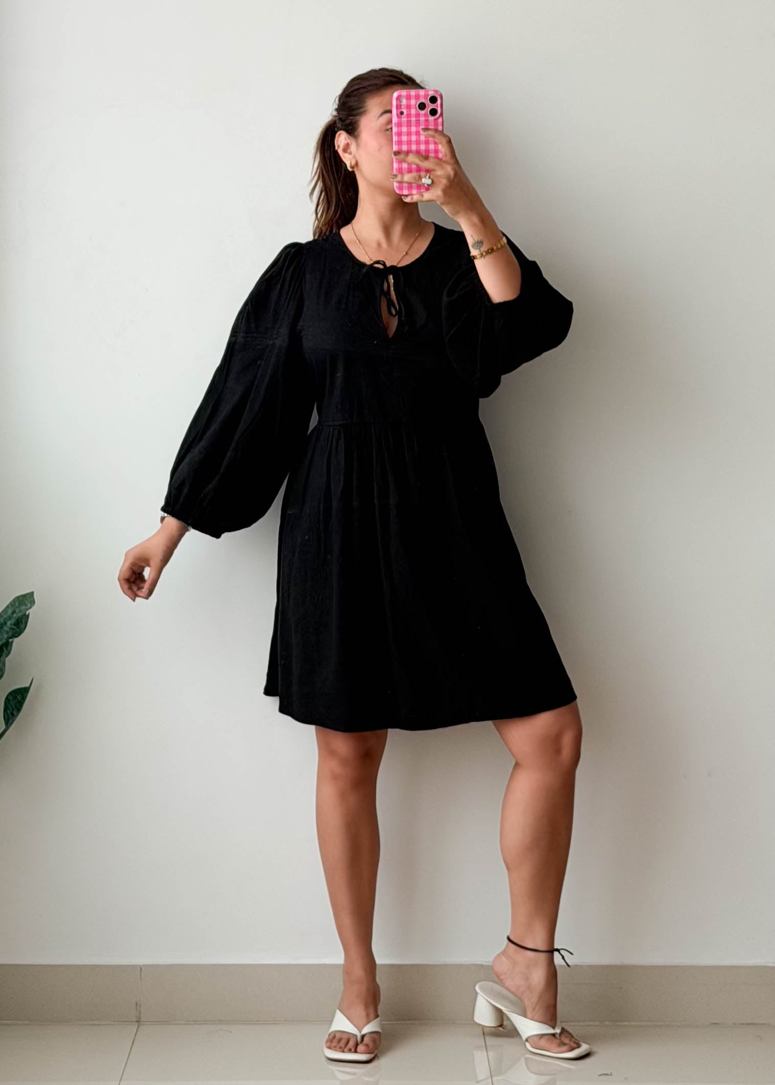 Size XL-2XL Black Tie-Neck Mini Dress