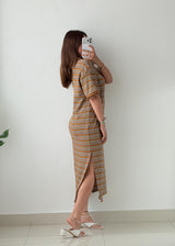 Size M-L Brown Stripe Collared Knit Maxi Dress