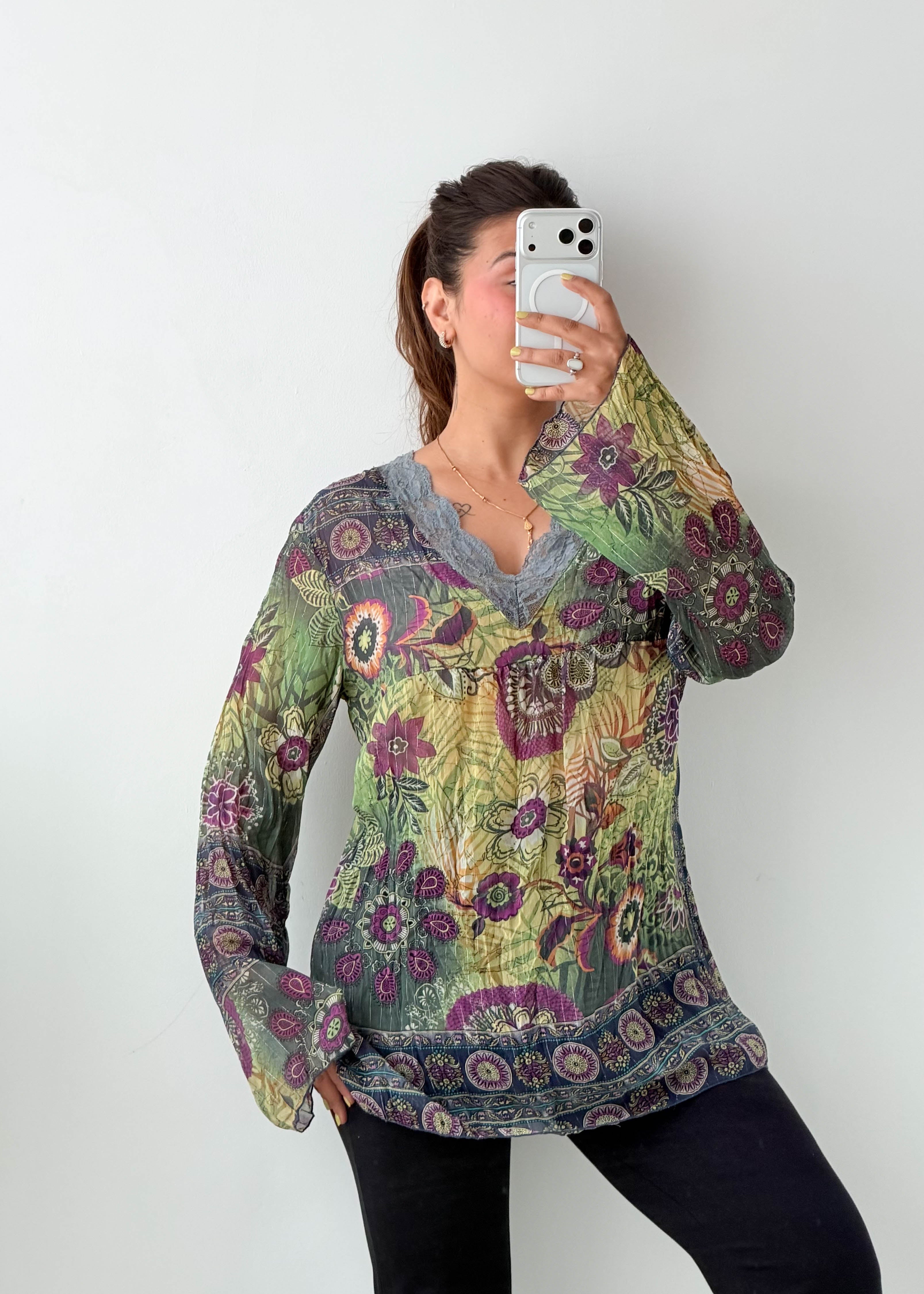 Size M-L Green Floral Peasant Top