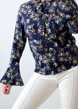 Size XS-S Navy Floral Tie-Neck Shirt Top