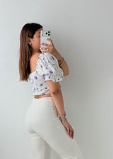 Size XS-S White Purple Floral Smocked Crop Top