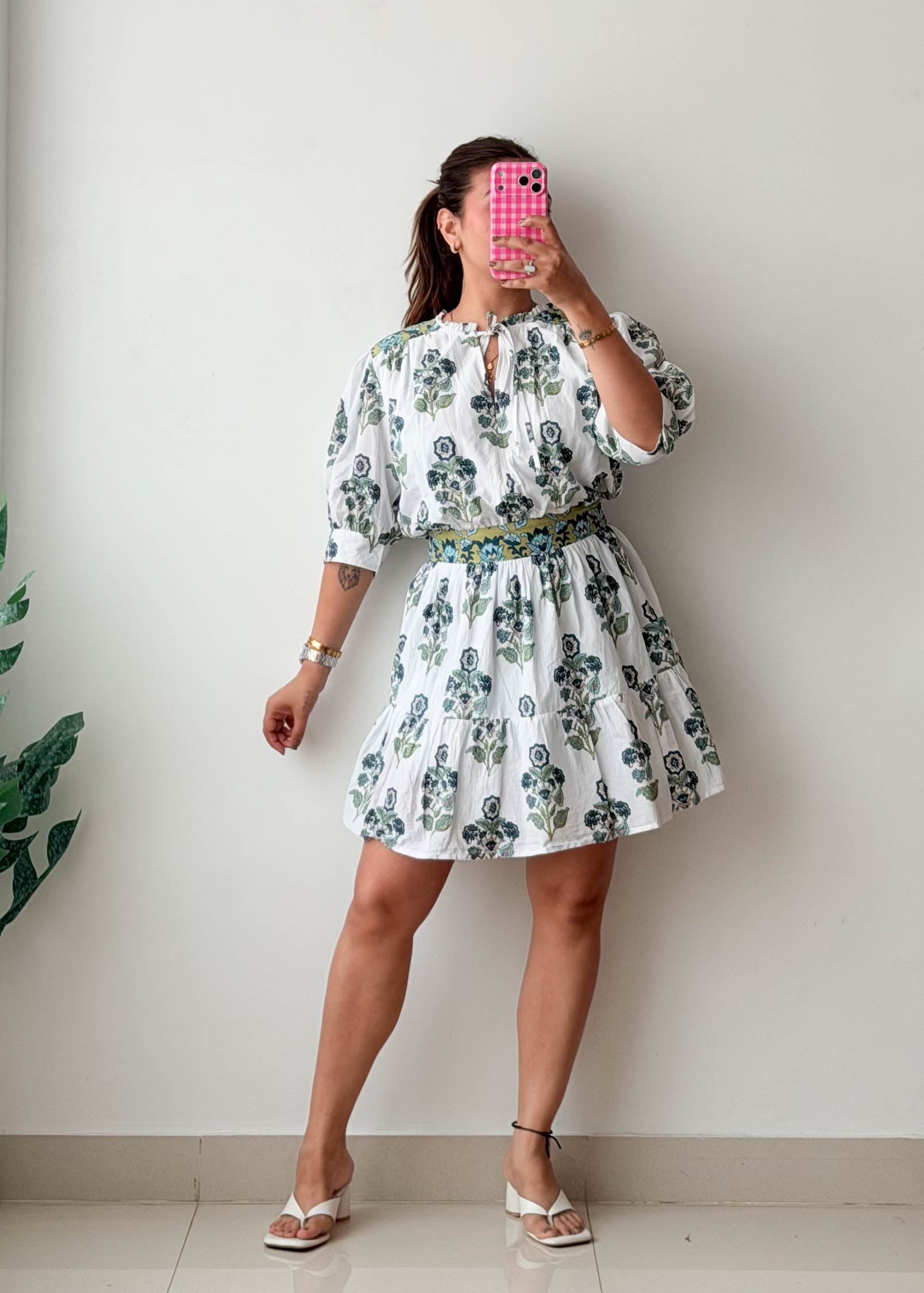 Size M-L White & Sage Floral Tiered Mini Dress