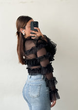 Black Mesh Frills Bodysuit