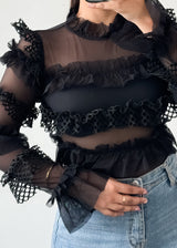 Black Mesh Frills Bodysuit